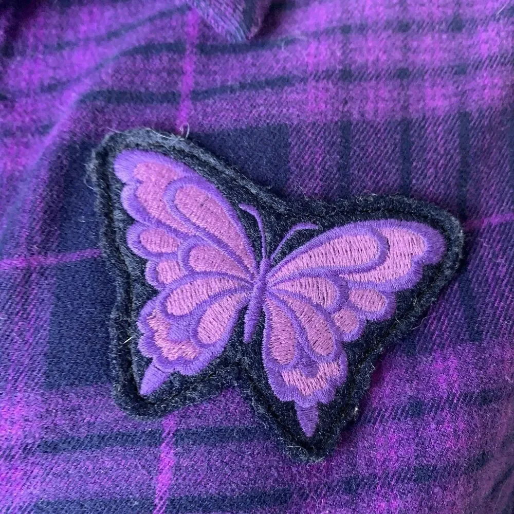 Anna Sui Mini Girls 12Y L Purple Plaid Shirt Dress Butterfly Embroidered Ruffle